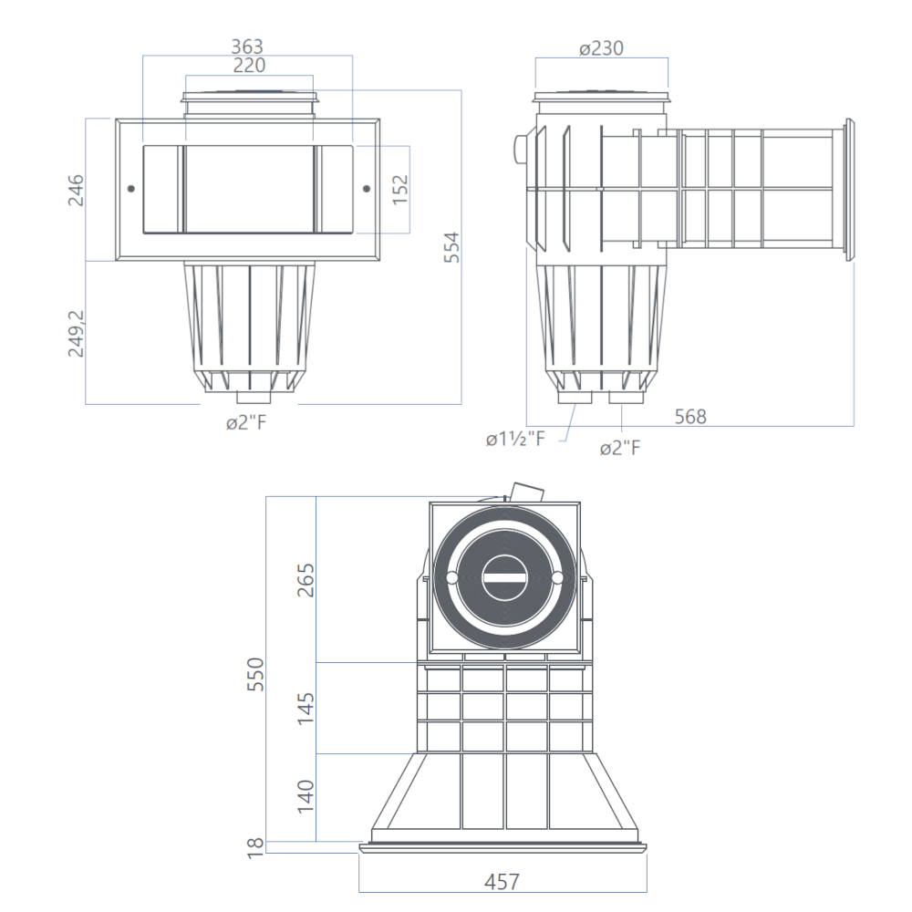 Skimmer bocca svasata con prolunga in ABS per piscina in cemento - Pool's dimensioni