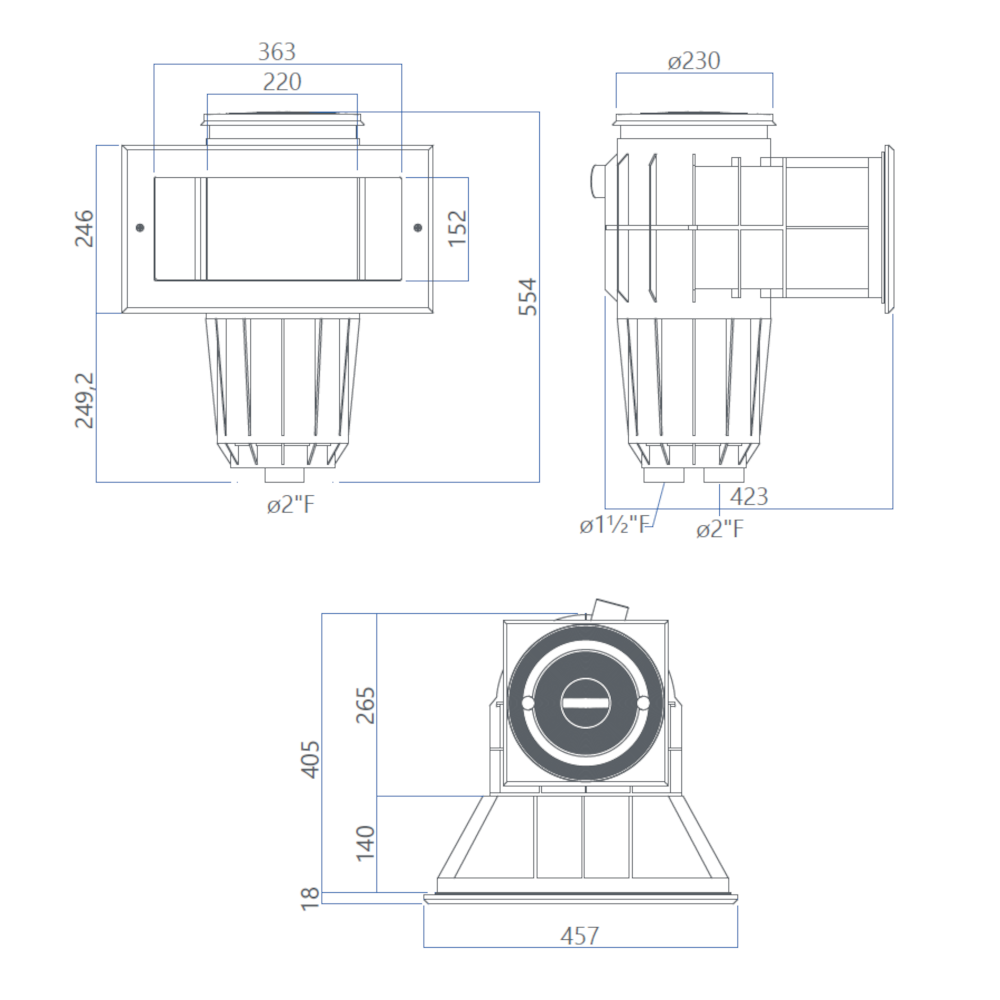 Skimmer bocca svasata in ABS per piscina rivestita in liner PVC - Pool's dimensioni