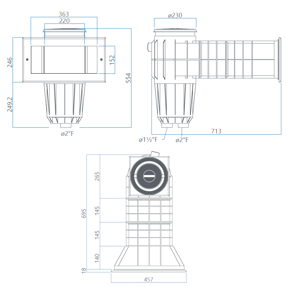 Skimmer bocca svasata con doppia prolunga in ABS per piscina in cemento - Pool's misure