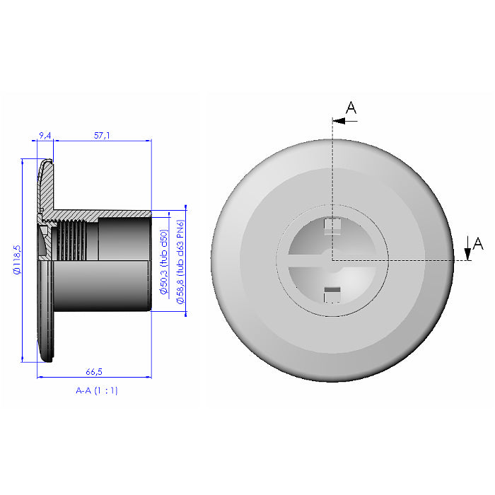 Bocchetta aspirafango in ABS ad incollaggio per piscina in cemento Astralpool bianco dimensioni