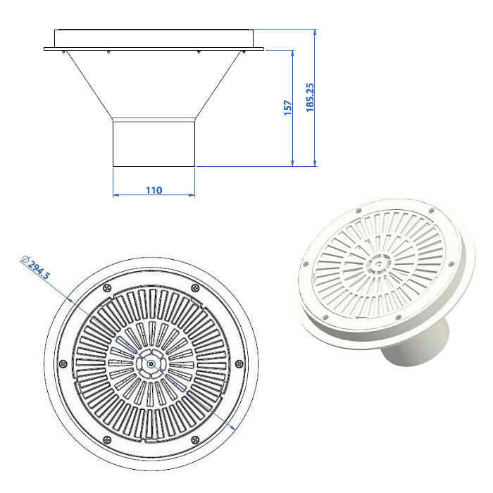 Bocchetta di fondo aspirazione 3" griglia regolabile in ABS per piscina in cemento Astralpool bianco dimensioni