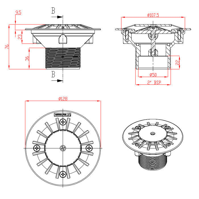 Bocchetta di fondo mandata / aspirazione in ABS per piscina in cemento Astralpool dimensioni