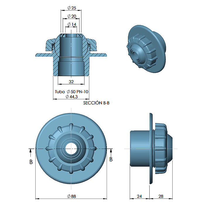Bocchetta di mandata Multiflow in ABS per incollaggio per piscina in cemento Astralpool dimensioni