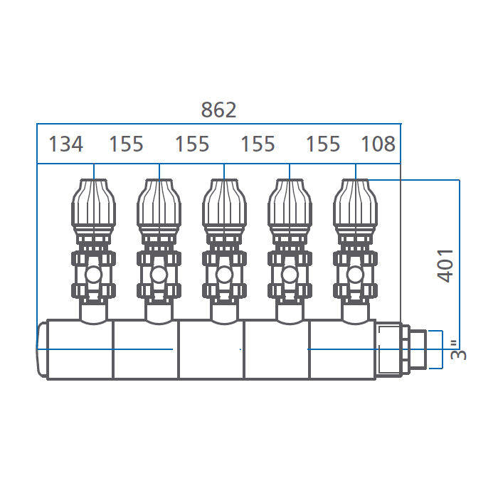 Collettore modulare in PVC PN10 Ø 140 5XØ1 1/2" con attacco laterale 3" Pool's 5 vie schema tecnico
