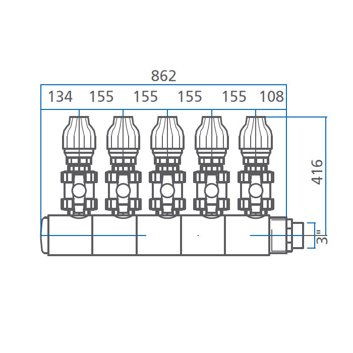 Collettore modulare in PVC - PN10 Ø 140 5XØ 2" con attacco laterale 3" Pool's  schema tecnico