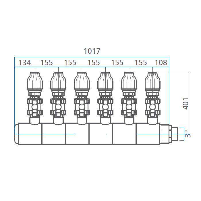 Collettore modulare in PVC PN10 Ø 140 6XØ1 1/2" con attacco laterale 3" Pool's 6 vie dimensioni