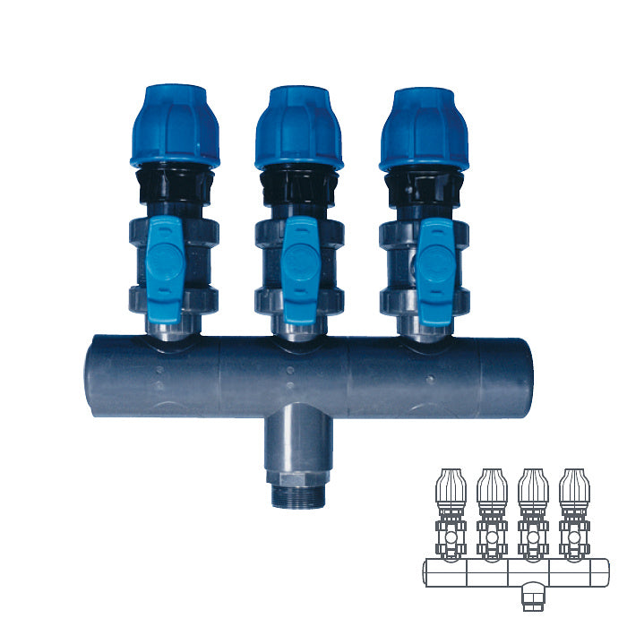 Collettore modulare in PVC PN16 Ø 90 4XØ1 1/2" con attacco posteriore da Ø 2" Pool's 4 vie valvole