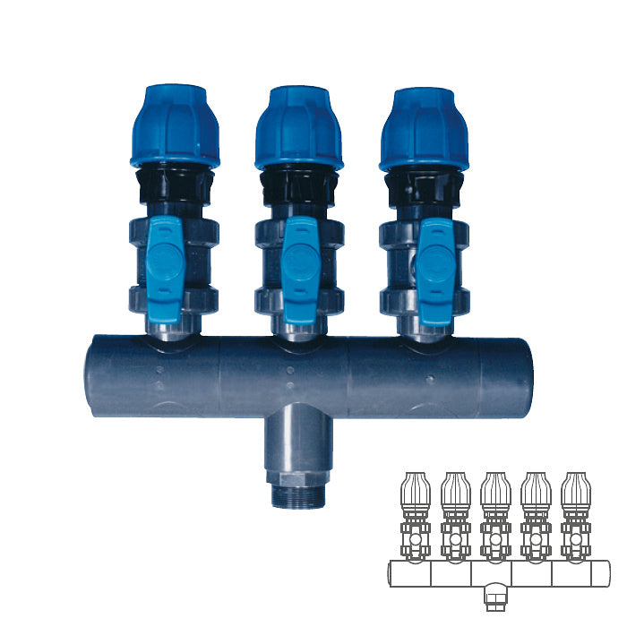 Collettore modulare in PVC PN16 Ø 90 5XØ1 1/2" con attacco posteriore da Ø 2" Pool's 5 uscite mandate