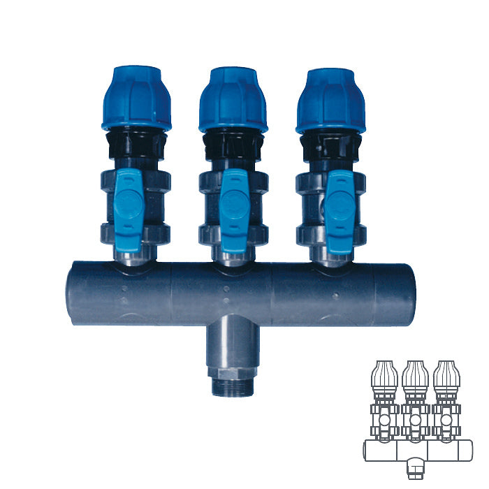 Collettore modulare in PVC PN16 Ø 90 3XØ 2" con attacco posteriore da Ø 2" Pool's 3 vie mandate uscite