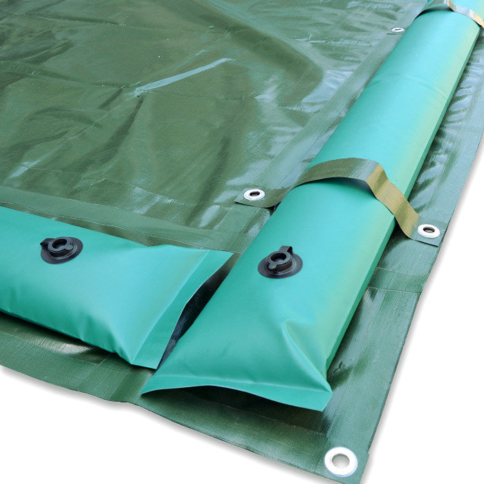 Copertura invernale 7 x 13 m con tubolari perimetrali e fasce antiribaltamento per piscina