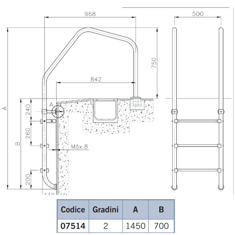 Dimensioni scaletta modello 1000 a due gradini Luxe per piscina interrata a sfioro in acciaio