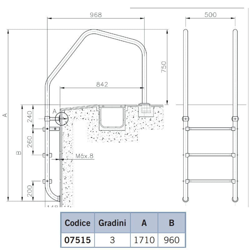 Dimensioni scaletta modello 1000 a tre gradini Luxe per piscina interrata a sfioro Astralpool in acciaio