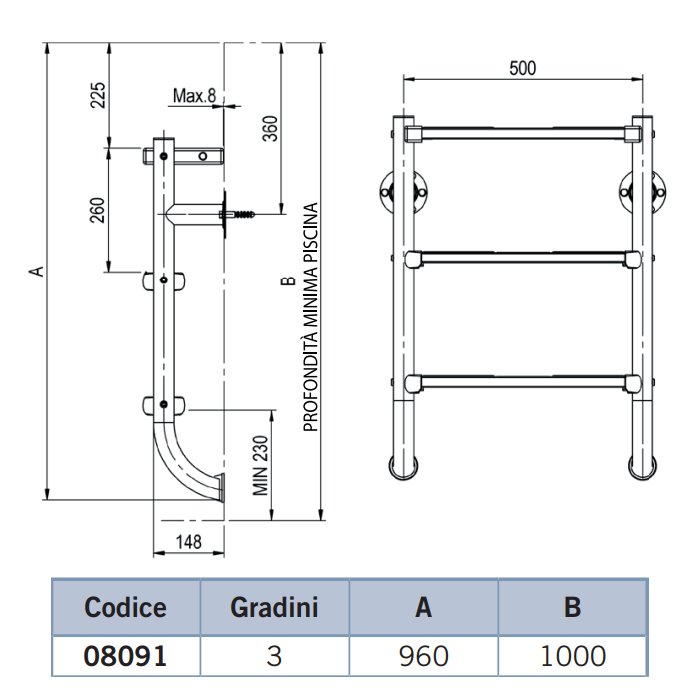 Scala modello di partenza a tre gradini Luxe con gradino di sicurezza parte inferiore Astralpool in acciaio inox, dimensioni