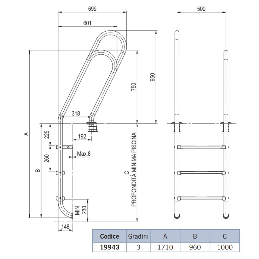 Scaletta modello Misto asimmetrico a tre gradini Luxe per piscina interrata a skimmer in acciaio inox, dimensioni
