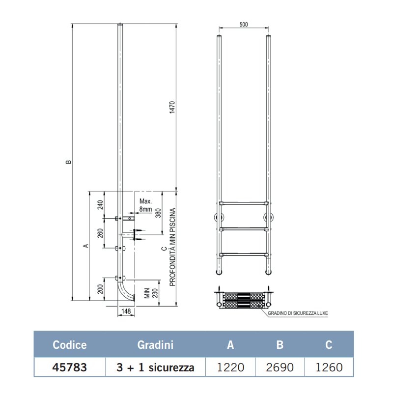 Scaletta Elegance a tre gradini per piscina interrata a skimmer dimensioni