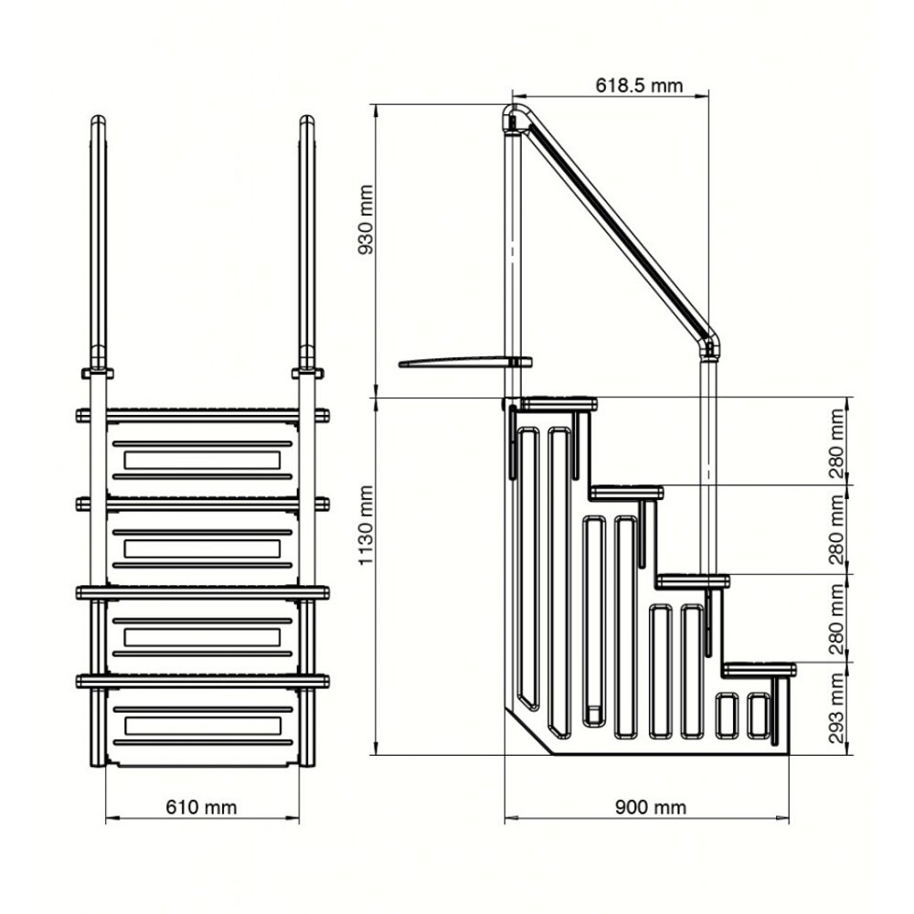 Scaletta per piscina interrata in materiale sintetico HPDE con 4 scalini - misure