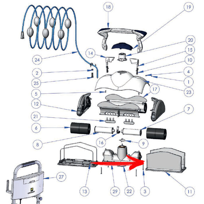 Sacchetto sacco filtro per robot pulitore piscine ZODIAC CYBERNAUT e LAZERNAUT esploso