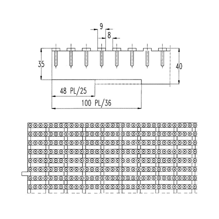 Griglia rettilinea nervature parallele modello PL/36 prezzo al m Patentverwag disegno tecnico