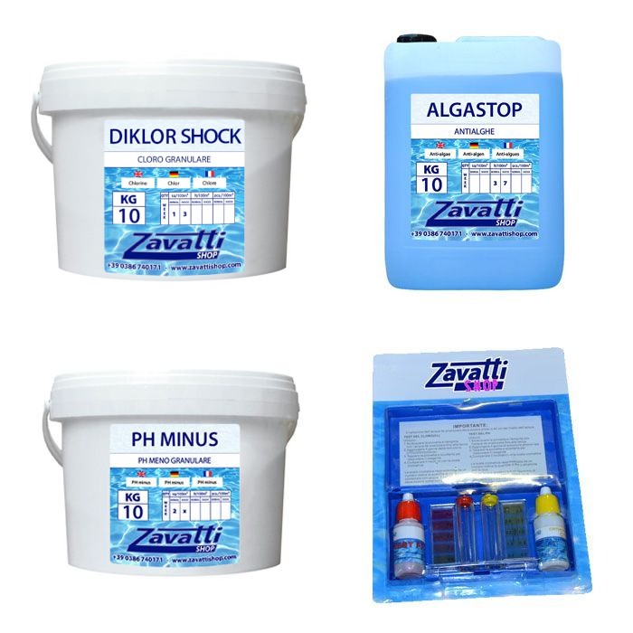 kit standard 30 kg: 10 kg Diklor + 10 lt Algastop + 10 kg Ph Minus + Test kit