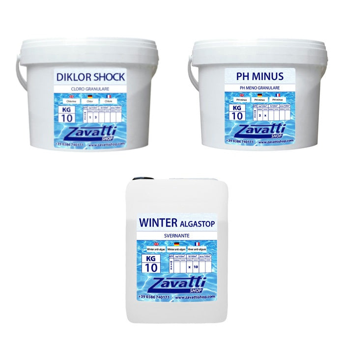Kit Winter 30 kg: 10 kg Diklor Shock + 10 kg Ph Minus + 10 lt Winter Algastop