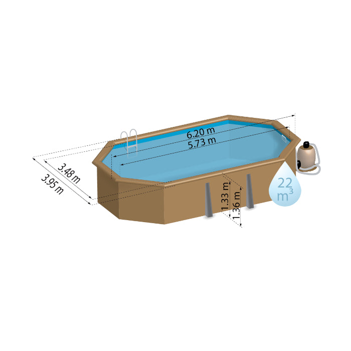 SAFRAN 2, piscina fuori terra in legno Gré, 573 x 348 x h 133, filtro SABBIA, misure