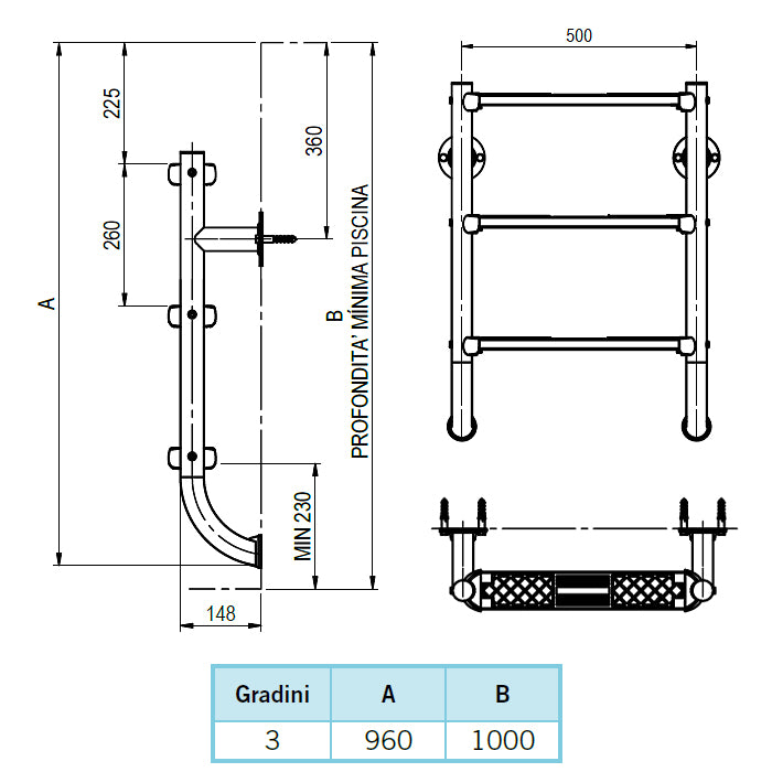 Scala per piscina modello di partenza a tre gradini Luxe - parte inferiore Astralpool dimensioni