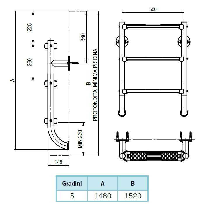 Scala per piscina modello di partenza a cinque gradini Luxe parte inferiore Astralpool dimensioni