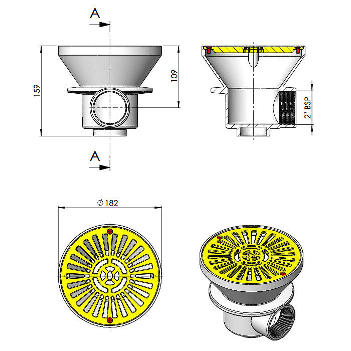 Scarico di fondo circolare Ø182 mm in ABS ø2" per piscina in cemento Astralpool dimensioni