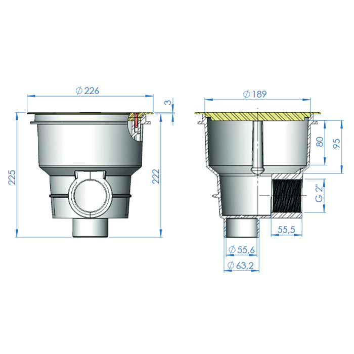 Scarico di fondo NORM in ABS ø2" per piscina cemento Astralpool bianco dimensioni