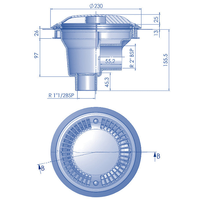 Scarico di fondo Ø 200 mm con griglia antivortice in ABS ø2" per piscina in liner Astralpool fluidra dimensioni
