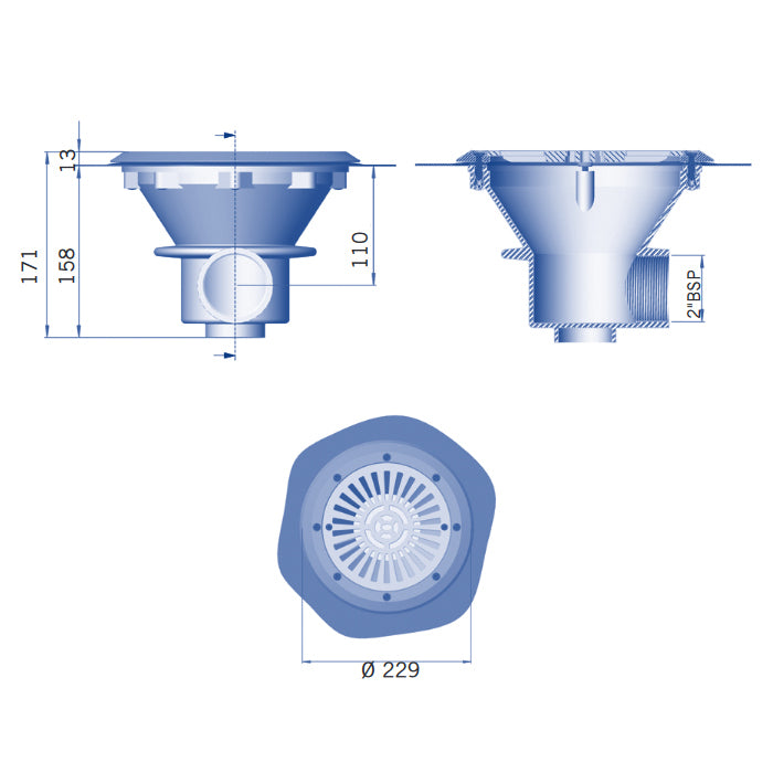 Scarico di fondo Ø 210 mm in ABS ø2" per piscina prefabbricata e in liner pvc Astralpool bianca dimensioni