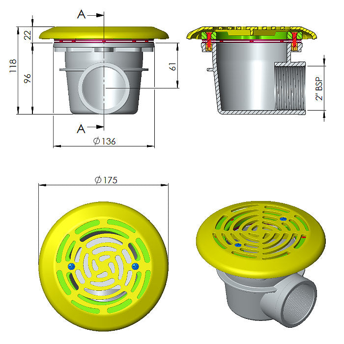 Scarico di fondo Mini in ABS ø2" per piscina prefabbricata e in liner pvc Astralpool bianco dimensioni
