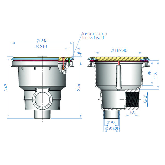 Scarico di fondo NORM in ABS ø2" per piscina prefabbricata e in liner pvc Astralpool bianco dimensioni