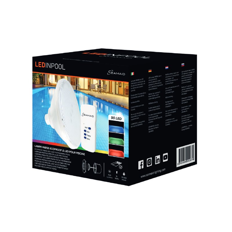 Seamaid faro per piscina PAR56 Ecoproof, 90 Led RGB con telecomando packaging