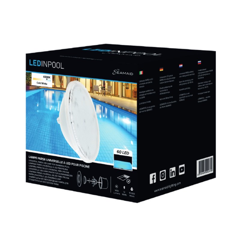 Lampada faro per piscina standard PAR56 Seamaid, 60 Led bianco 13W packaging
