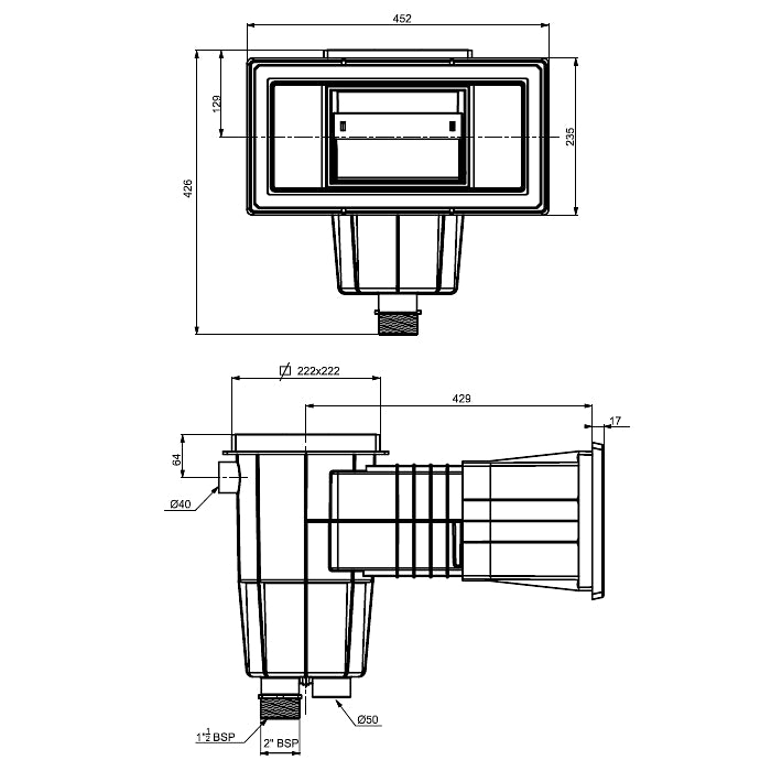 Skimmer bocca larga svasata in ABS 15 Lt per piscina in cemento Astralpool bianco dimensioni