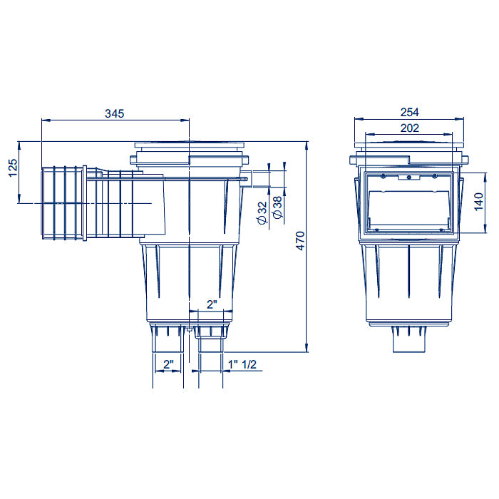 Skimmer bocca standard stretta e prolunga in ABS 17,5 Lt per piscina in cemento Astralpool bianco dimensioni