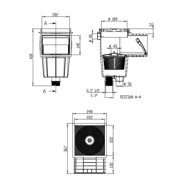 Skimmer bocca standard stretta in ABS 15 Lt per piscina in cemento Astralpool bianco con cestello, dimensioni.