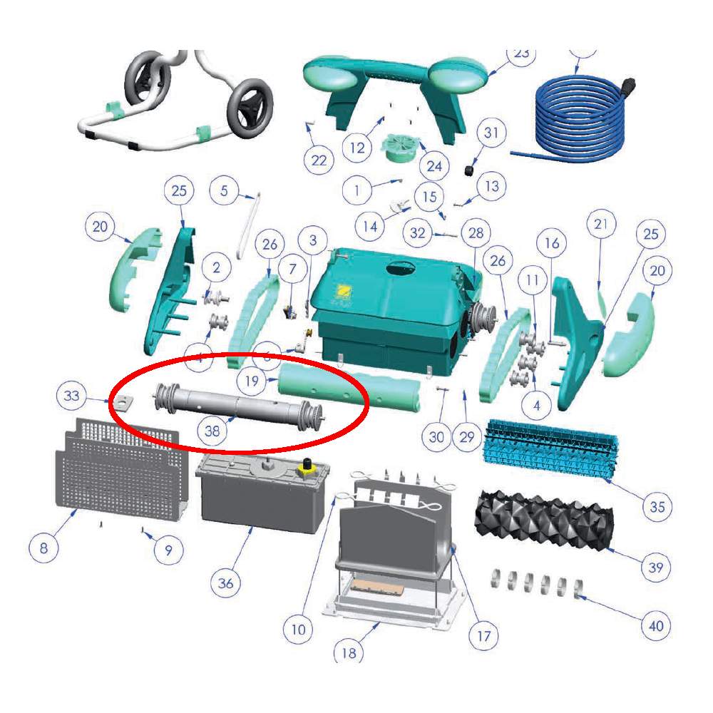 Rullo completo / supporto spazzola di ricambio per Robot Zodiac indigo esploso